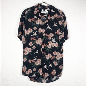 Topman Black Short-Sleeve Button-Down Shirt with Tan Floral & Ivory Crane Print